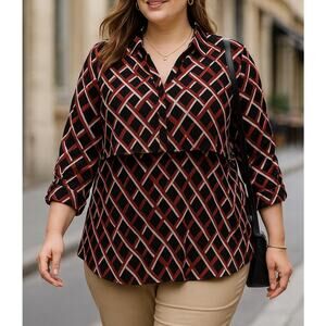 CATO Black and Red Print Overlap Front V-Neck Top - Plus Size 18/20W